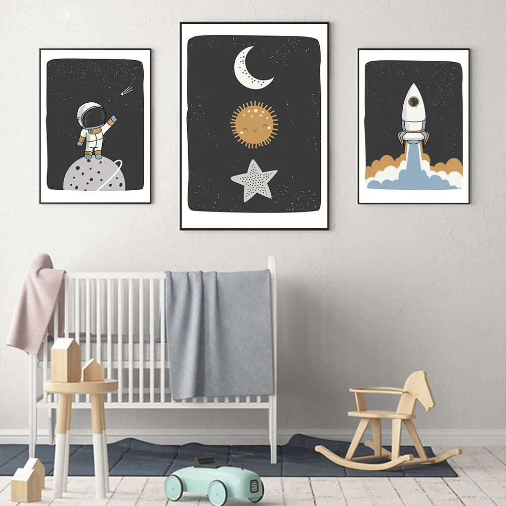 Плакат с космическим астронавтом, настенная живопись для детской комнаты, планета, ракета, настенные картины, солнце, луна, скандинавская настенная картина для мальчика, декор для детской комнаты1270818