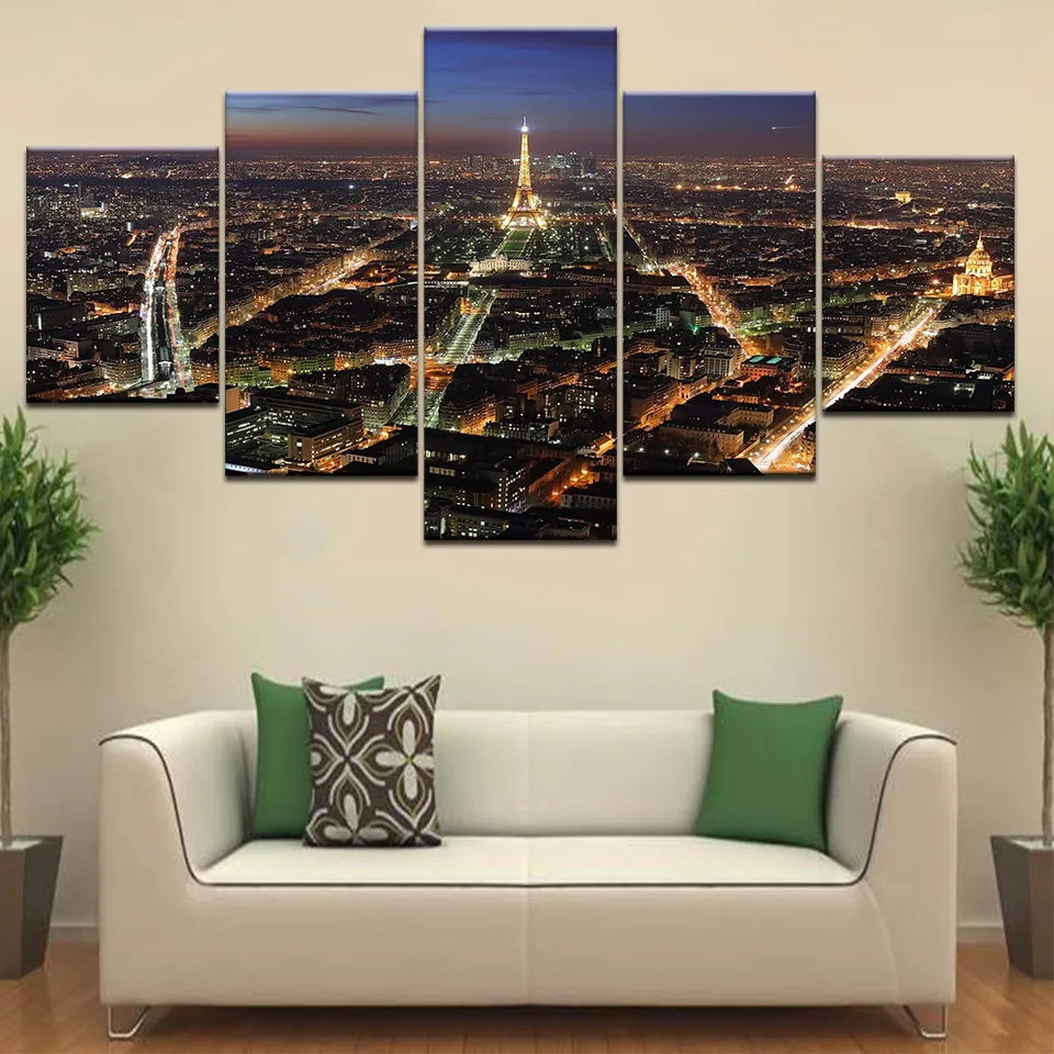 Decor Home Canvas Art Modern HD 5 Panel Paris Tower Building Night Scene Modular Posters Tableau Wall Pictures Paintings5343360