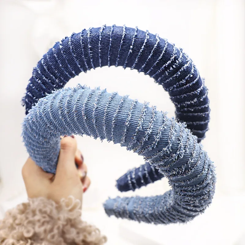 Fashion Solid Blue Denim Padded Headband for Women New Style Metal Chain Hairbands Girls Wide Hair Hoop Hair Accessories Statement240T
