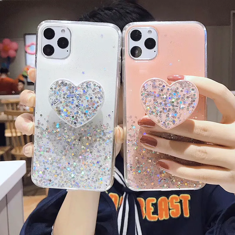 Luxe Bling Glitter Love Heart Case Pour iPhone 12 11 ProMax 12mini 11 Avec Support Étui En Silicone Souple Pour 12 XS MAX XR 8 7Plus