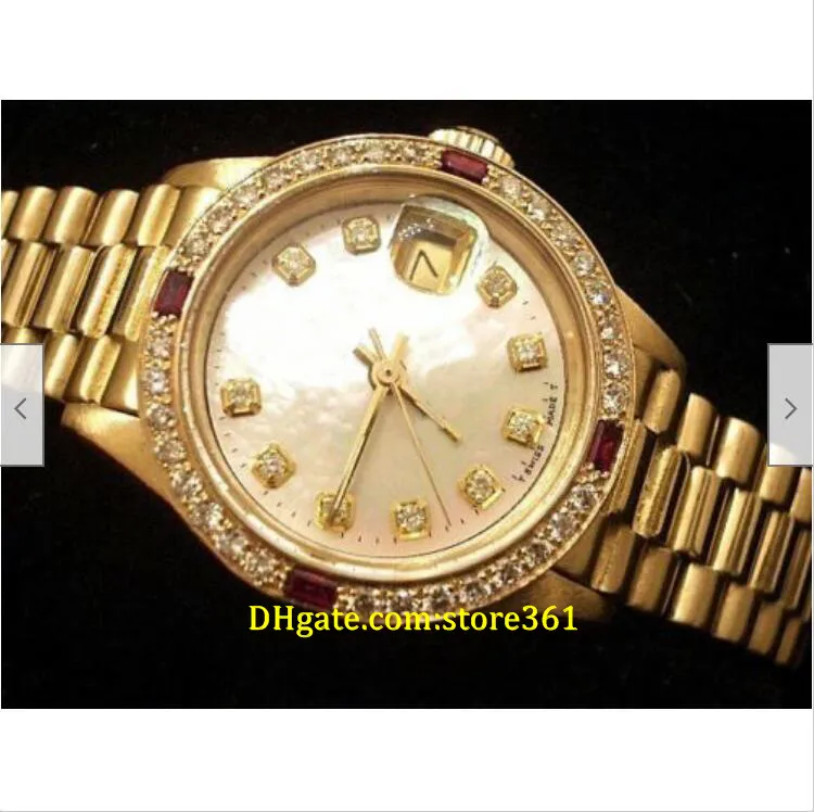 20 stijl vrijetijdskleding mechanisch automatisch 26 mm dames 18K geel goud president horloge wit MOP diamant Rubies251A