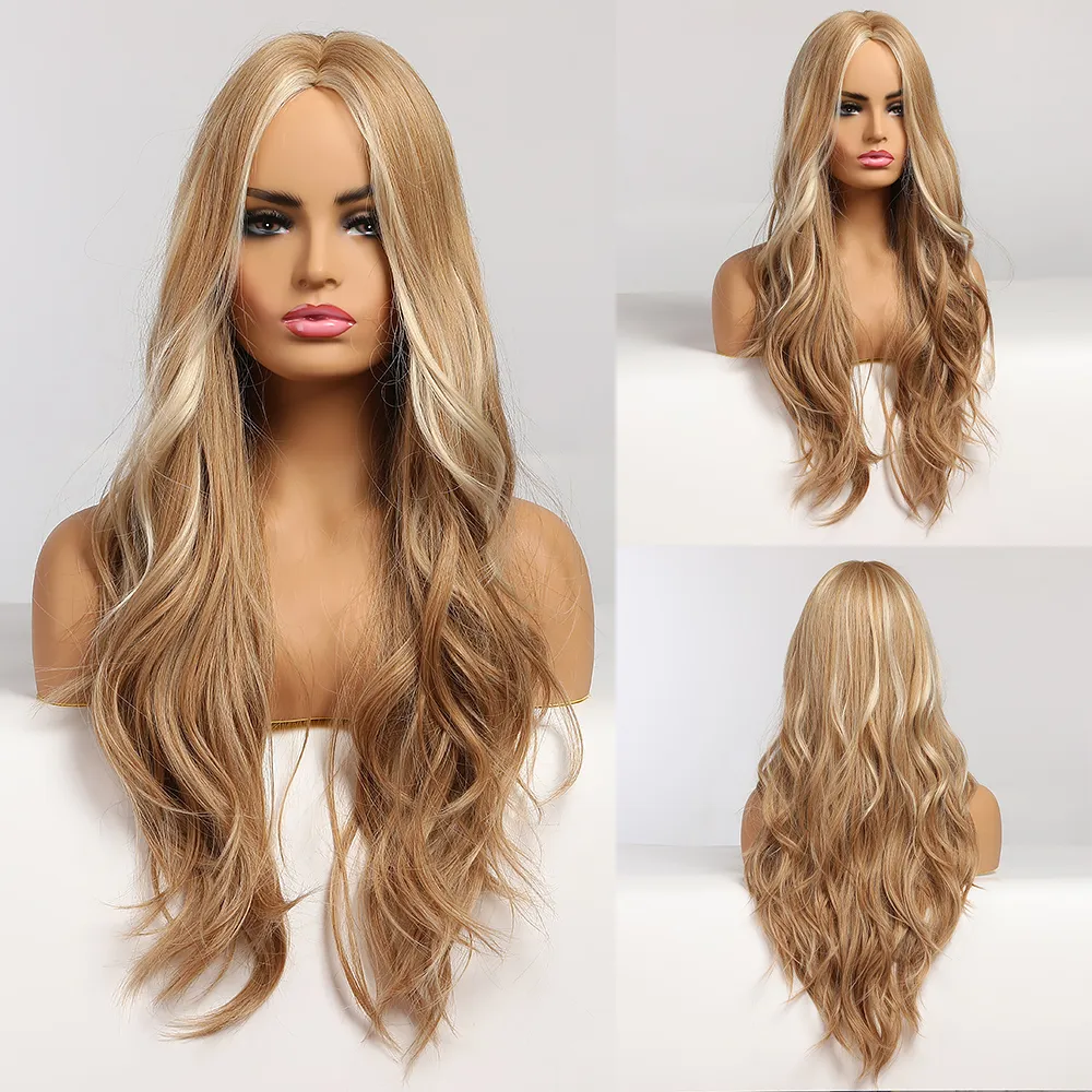 Długa falisty blondynka syntetyczne peruki z atrakcjami peruki Środkowa część dla kobiet odpornych na ciepło peruki naturalne fryzury 6453811