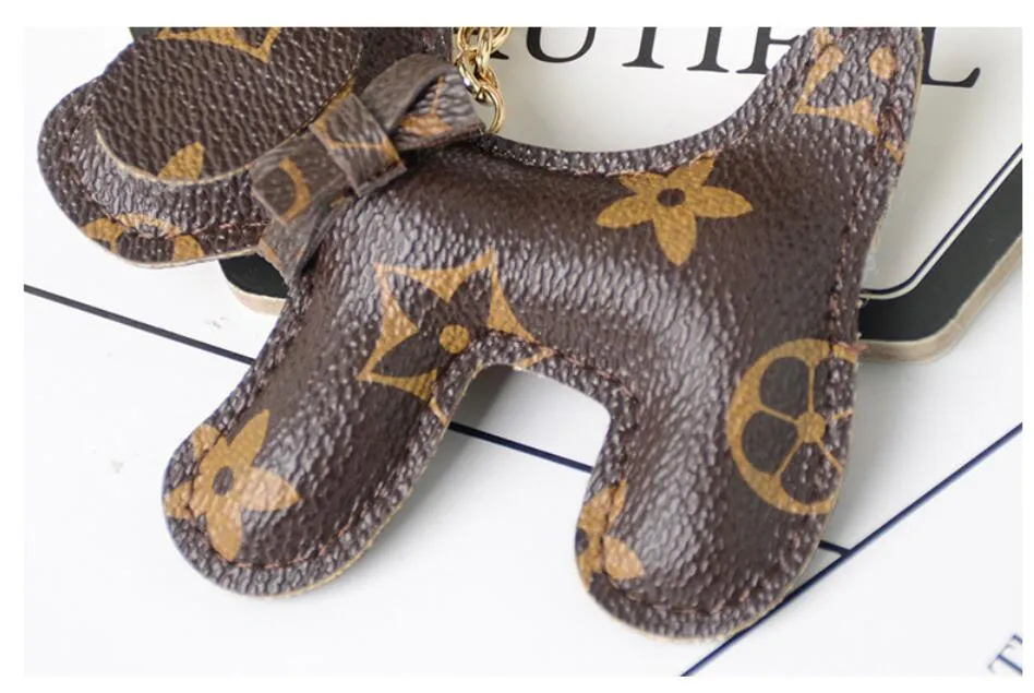 Cute Dog Design Car Keychain Bag Pendant Charm Jewelry Flower Key Ring Holder Women Men Gifts Fashion PU Leather Animal Key Chain Accessories