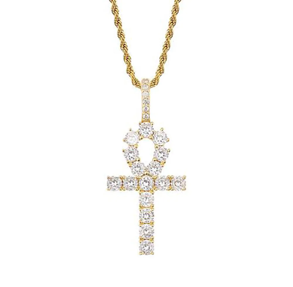 925 Sterling Silver Bling Out Ankh Cross Pendant 24 Rope Chain 7 6G Cubic Zirconia Hiphop Jewelry for Men Women288d