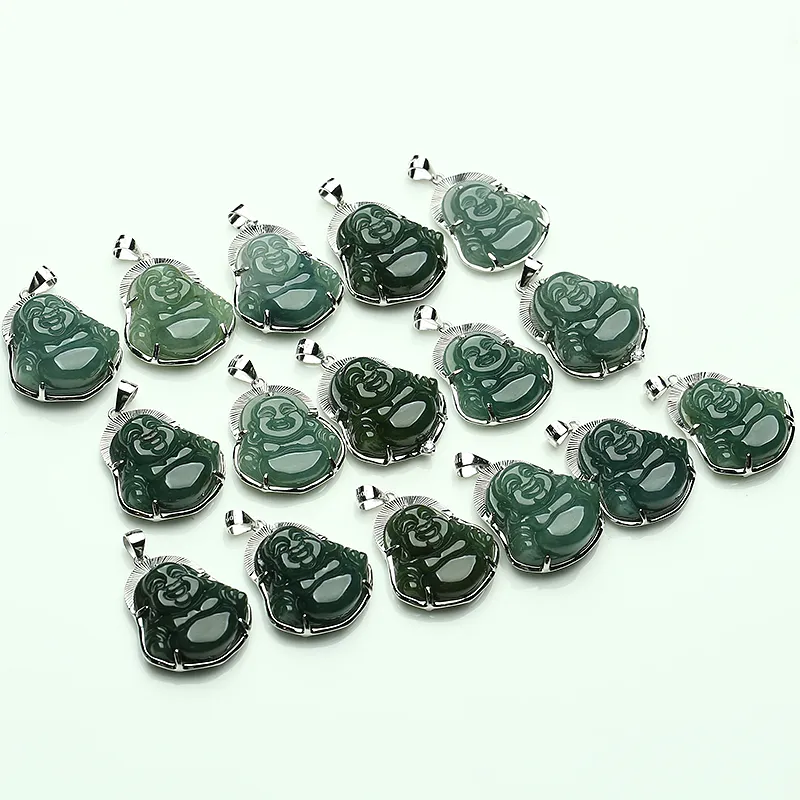 925 Pure Silvercrusted Jade Buddha Anhänger Natural eine Ware Myanmar Öl Emerald Männlich Halsketten Frauen8734296