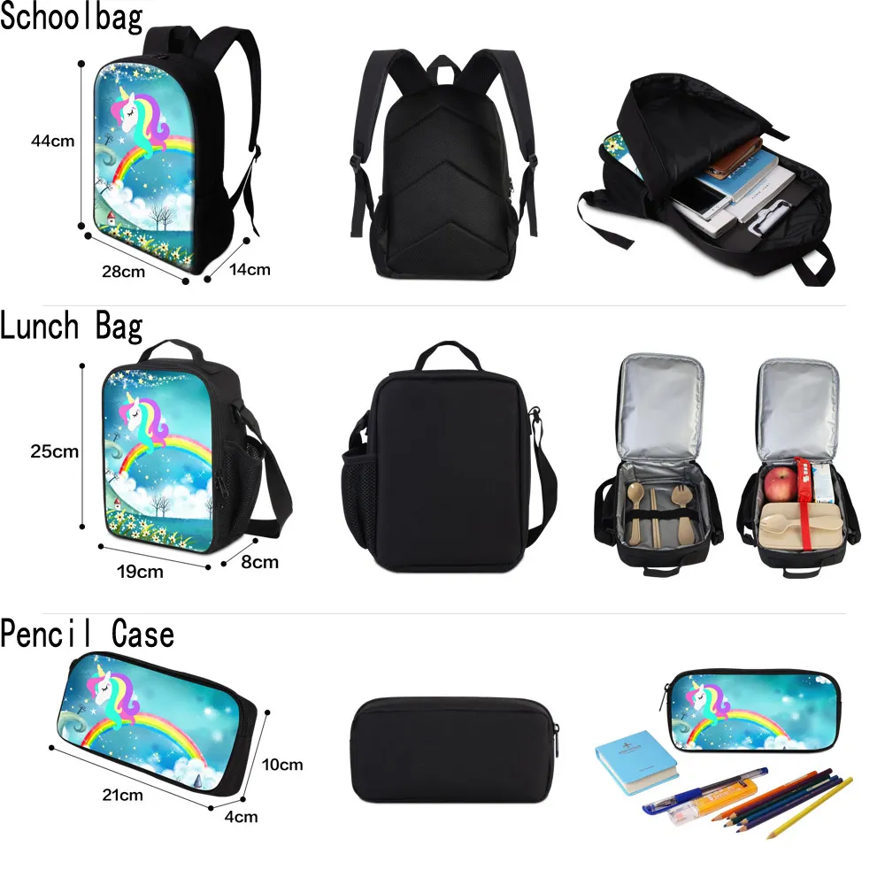 Customize Your Own Design Logo Backpacks Pencil Case Lunch Bags Set For Primary Students Children Lovely Unicorn Bookbag Gir2691