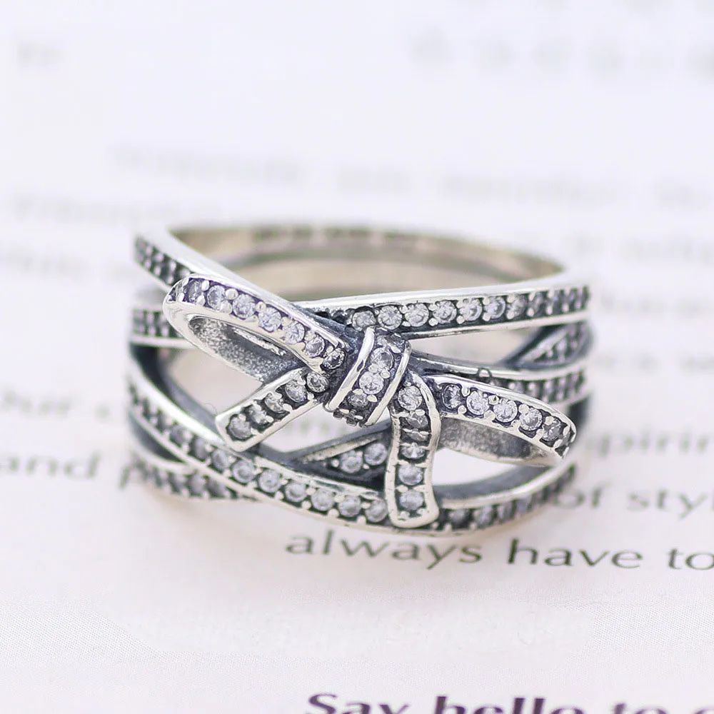 Настоящее кольцо из стерлингового серебра 925 пробы, нежное кольцо с бантом и цирконом, кольца для женщин039s, подарок, банкетное ювелирное изделие3334271