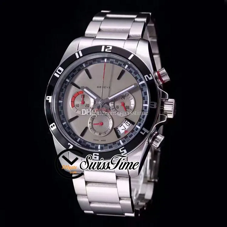 Nieuwe 20530N Miyota quartz chronograaf herenhorloge zwarte binnenkant grijze wijzerplaat stick markers roestvrijstalen armband stopwatch SwissTime B168u