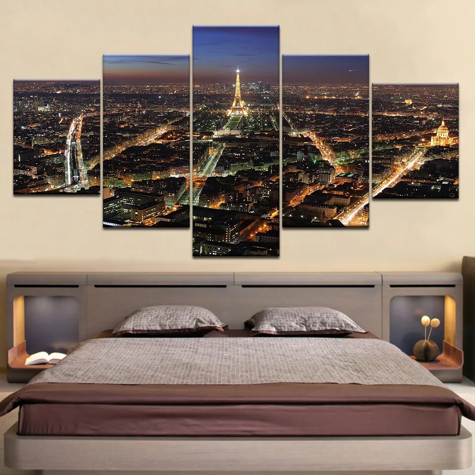 Decor Home Canvas Art Modern HD 5 Panel Paris Tower Building Night Scene Modular Posters Tableau Wall Pictures Paintings5343360