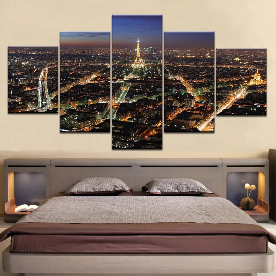 Dekor hem canvas konst modern hd 5 panel paris torn byggnad natt scen modular affischer tableau vägg bilder målningar7783343