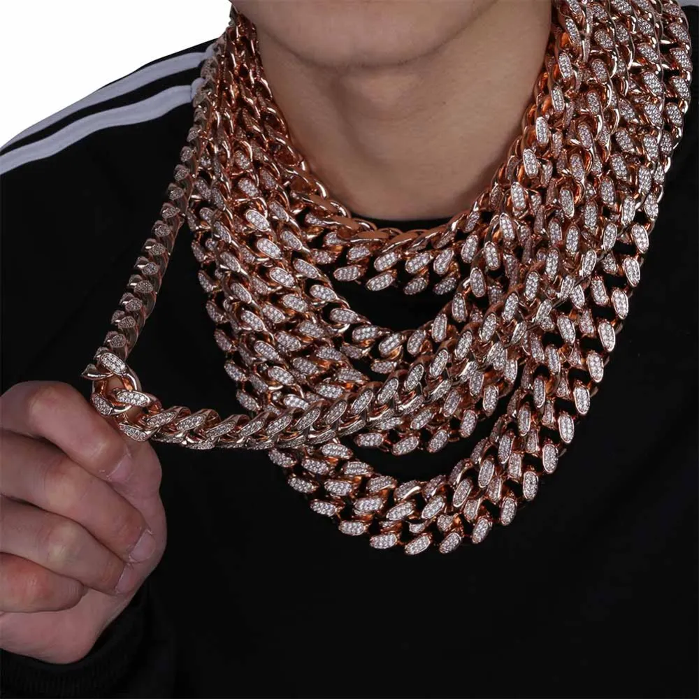 JINAO – chaîne glacée en Zircon pour hommes, 14mm, Miami, lien cubain, collier ras du cou en cuivre, bijoux Hip Hop scintillants, or rose, 16-30''316d