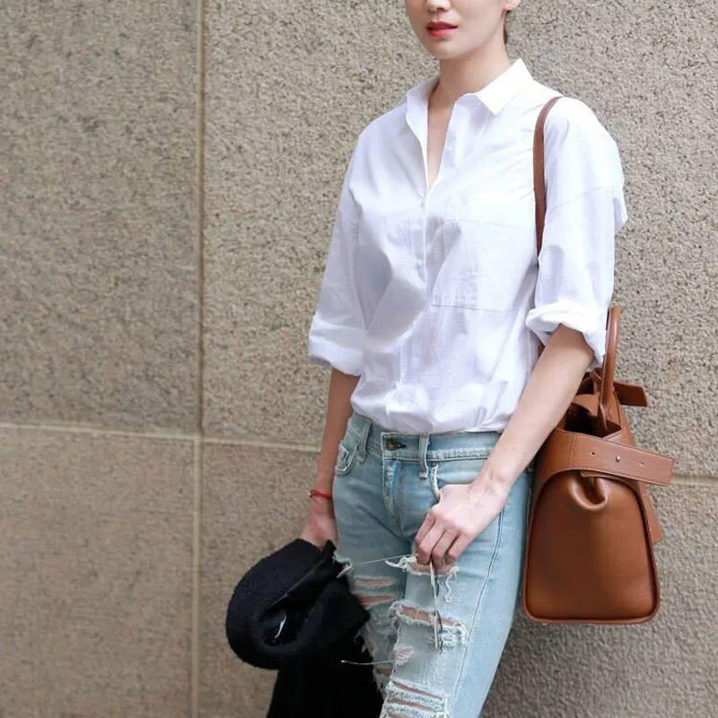 Flectit Casual Chique Mulheres Branco Camisa Botons Básicos Botons Básico Down Boyfriend Manga Longa Blusa Primavera Verão Tops Outfit * 200923