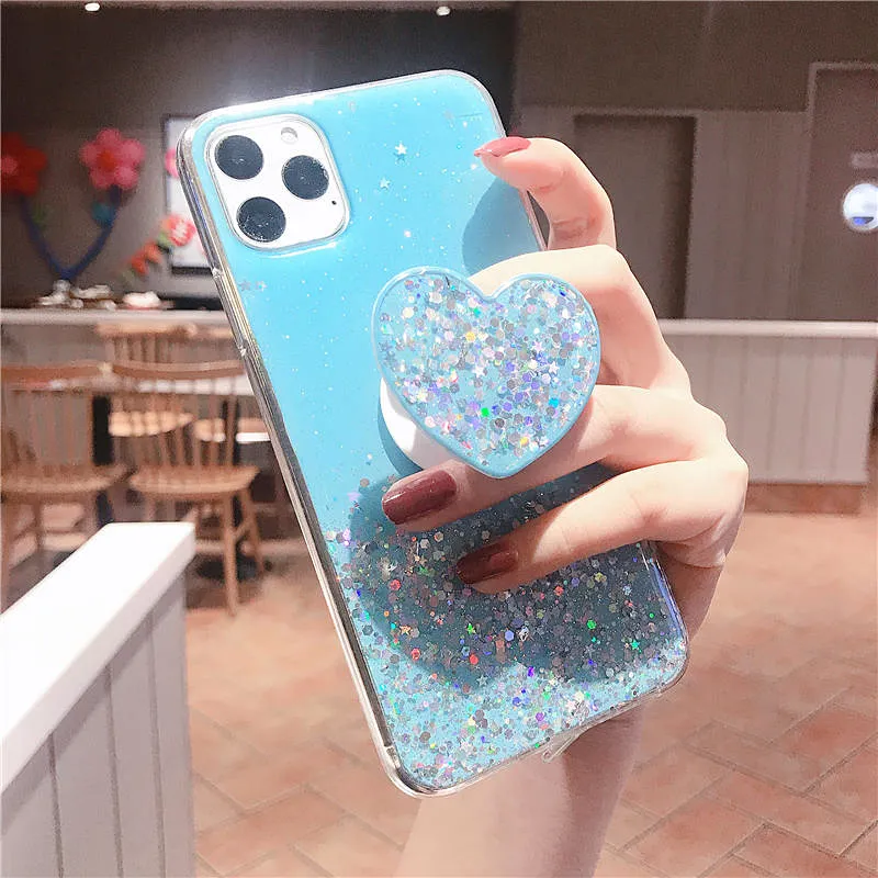 Luxe Bling Glitter Love Heart Case Pour iPhone 12 11 ProMax 12mini 11 Avec Support Étui En Silicone Souple Pour 12 XS MAX XR 8 7Plus