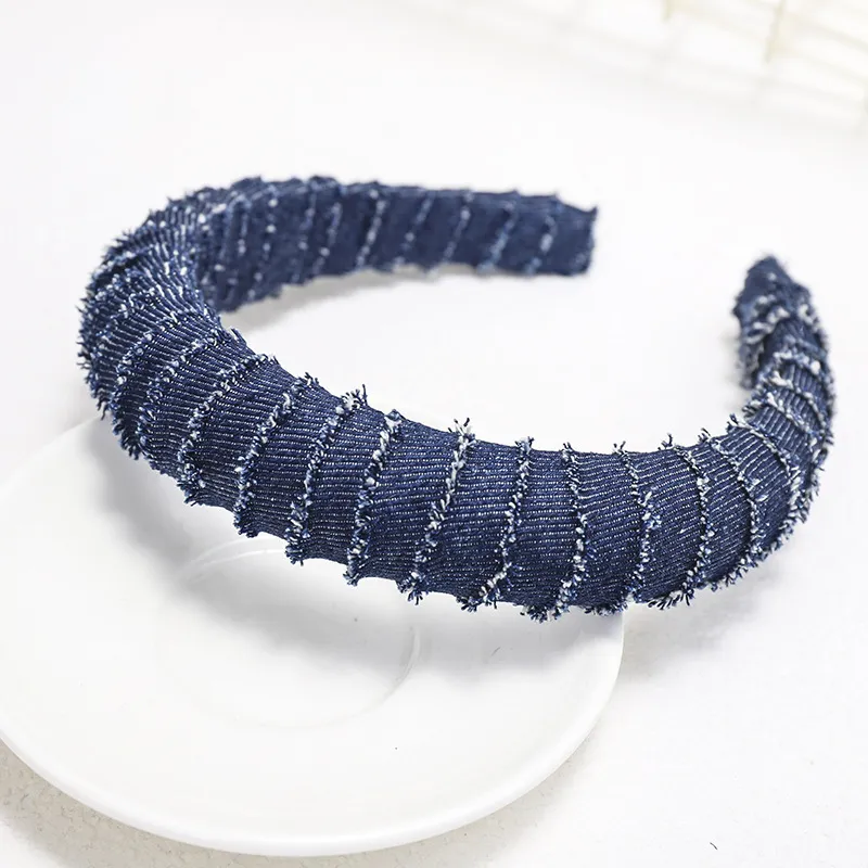 Diadema acolchada de mezclilla azul liso a la moda para mujer, nuevo estilo, diademas con cadena de Metal, aro ancho para el pelo para niñas, accesorios para el cabello Statement294C