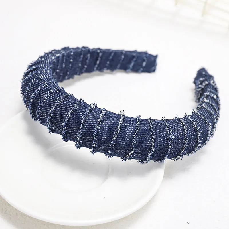Fashion Solid Blue Denim Padded Headband for Women New Style Metal Chain Hairbands Girls Wide Hair Hoop Hair Accessories Statement279S