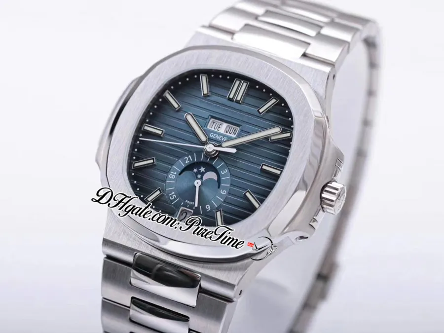 V9F 5726 Calendário Anual A324 Relógio Masculino Automático D-Azul Mostrador Texturizado Fase da Lua Pulseira de Aço Inoxidável Super Edição Puretime270k