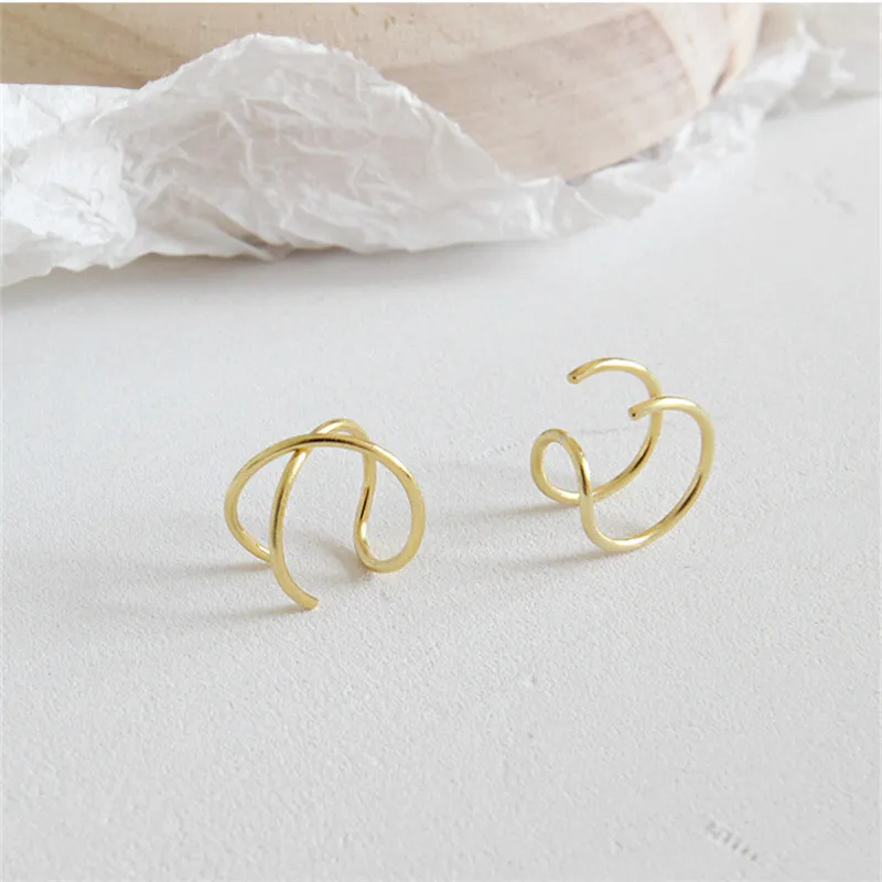 AprilGrass Brand Designer 100% 925 Sterling Silver No Piercing Double-layer Lines & ed "X" Shaped Gold Ear Cuff Clip Earrings for Women6460507