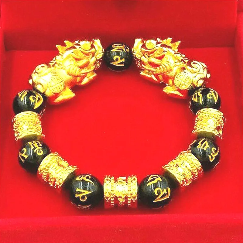Feng shui obsydian kamienne koraliki bransoletki mężczyźni kobiety unisex nadgarstek złota czarna pixiu bogactwo i powodzenia kobiet bransoletka biżuterii 9551136