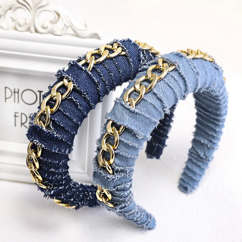 Fashion Solid Blue Denim Padded Headband for Women New Style Metal Chain Hairbands Girls Wide Hair Hoop Hair Accessories Statement240T