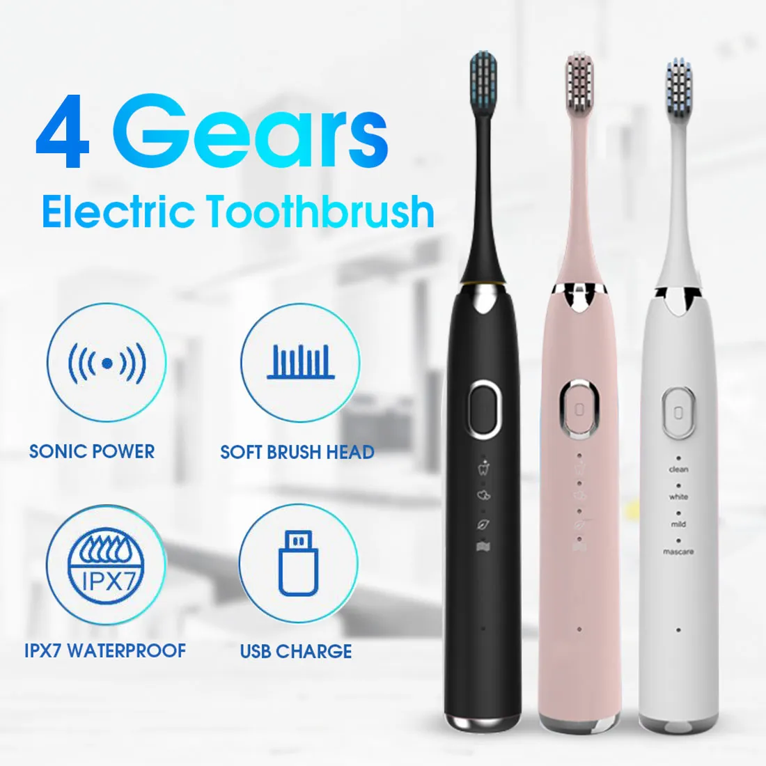 Cepillo de dientes eléctrico sónico, 4 modos, alimentado por USB, resistente al agua, para viajes, automático, para adultos, etc.