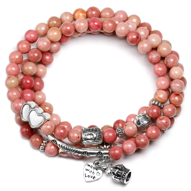 6mm Natürliche Rhodochrose Perlen Strang Frauen Lotus Om Buddha Charme Armband 108 Mala Halskette Yoga Schmuck