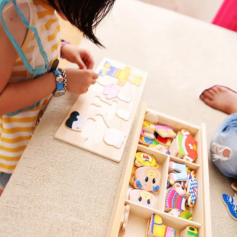 4 개의 새끼 교체 옷 게임 나무 어린이 초기 손을 잡는 드레스 일치하는 직소 퍼즐 장난감 공장 전체 3713828