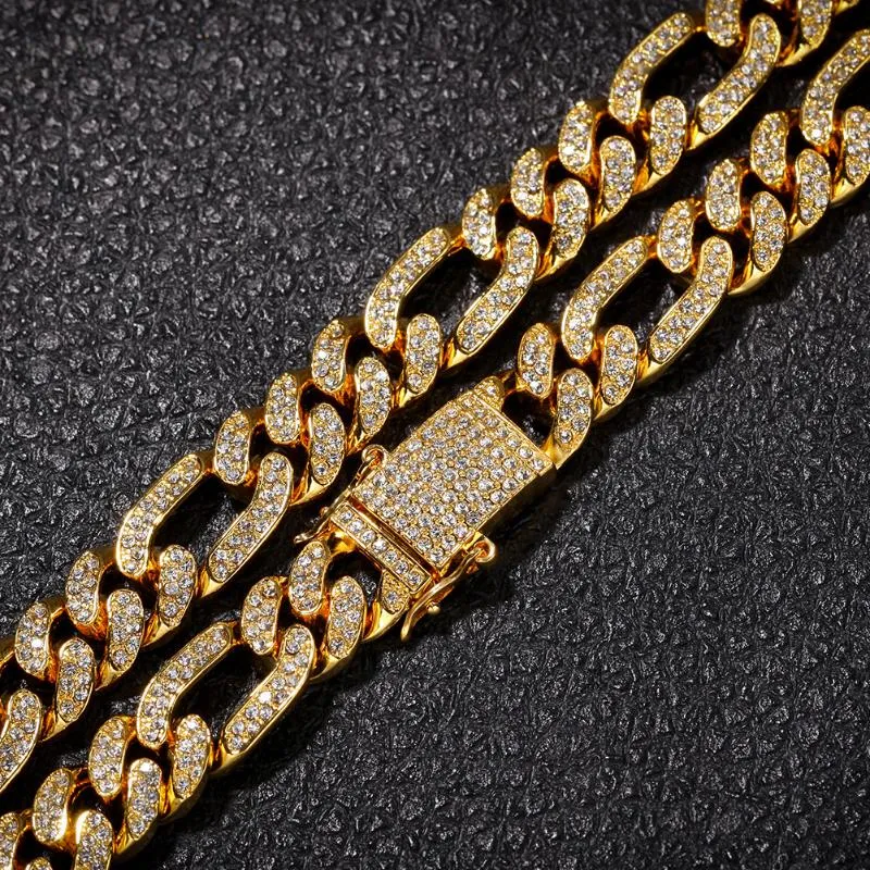Hiphop 13mm Iced Out Cuban Link Chain 31 Figaro Chains Halsbandsspänning Ställa in Crystal Bling Men Necklace Armband Mens345T