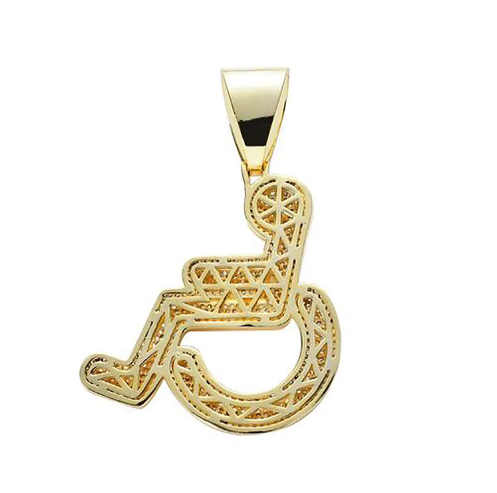 Pendentif avec Logo de fauteuil roulant glacé en or 14 carats, signe de handicap, collier en cuivre et Zircon cubique, bijoux pour hommes et femmes, cadeaux 205k