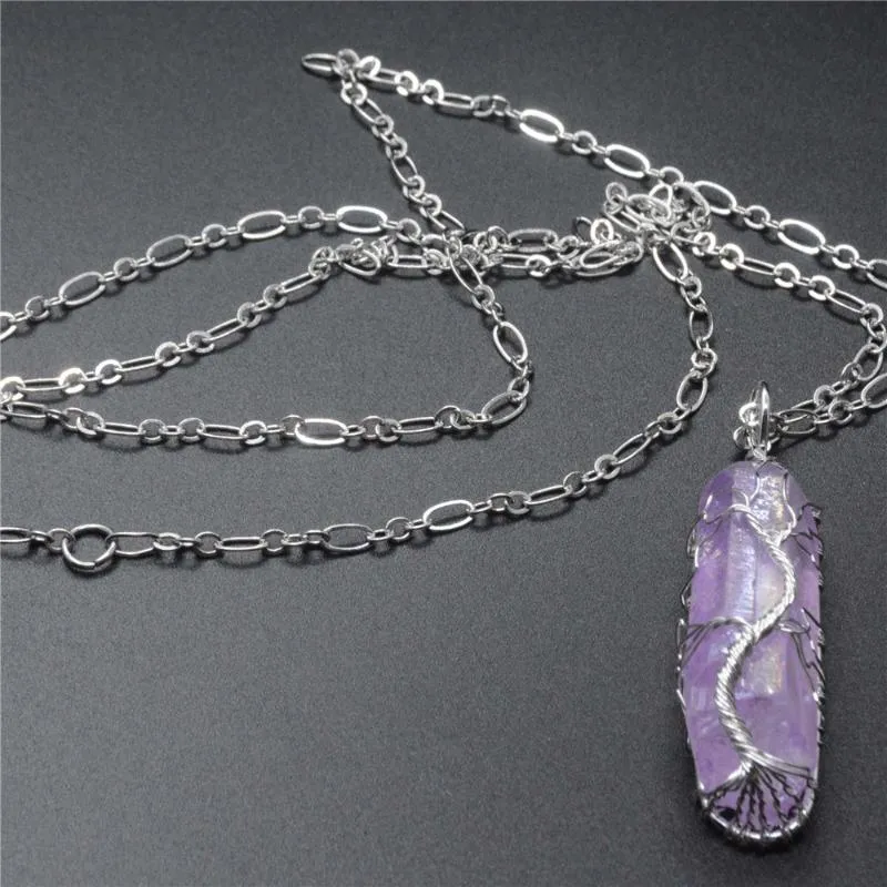Pendant Necklaces Retro Fashion Natural Stone Purple Crystal Jewelry Irregularity Necklace Sweater Chain Women Wire Wrap Lucky Gif274H