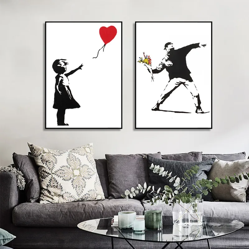 Ragazza con palloncino rosso Banksy Graffiti Art Canvas Painting Poster da parete in bianco e nero soggiorno Home Decor Cuadros8708159