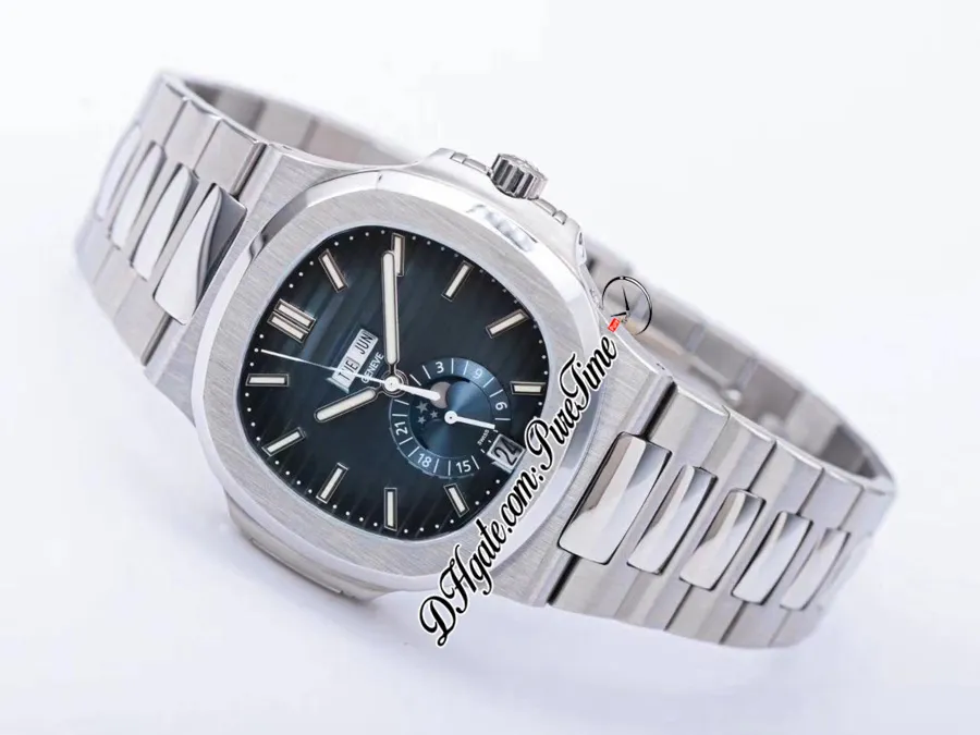 V9F 5726 Calendário Anual A324 Relógio Masculino Automático D-Azul Mostrador Texturizado Fase da Lua Pulseira de Aço Inoxidável Super Edição Puretime270k