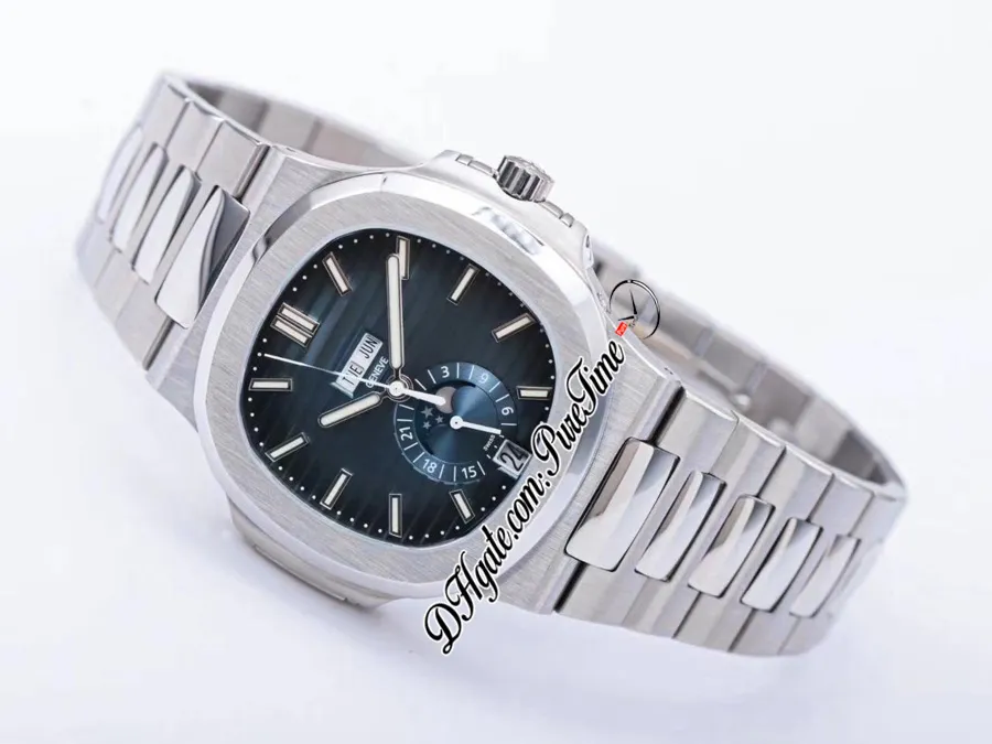 V9F 5726 jaarkalender A324 automatisch herenhorloge D-blauw getextureerde wijzerplaat maanfase roestvrijstalen armband Super Edition Puretime294J