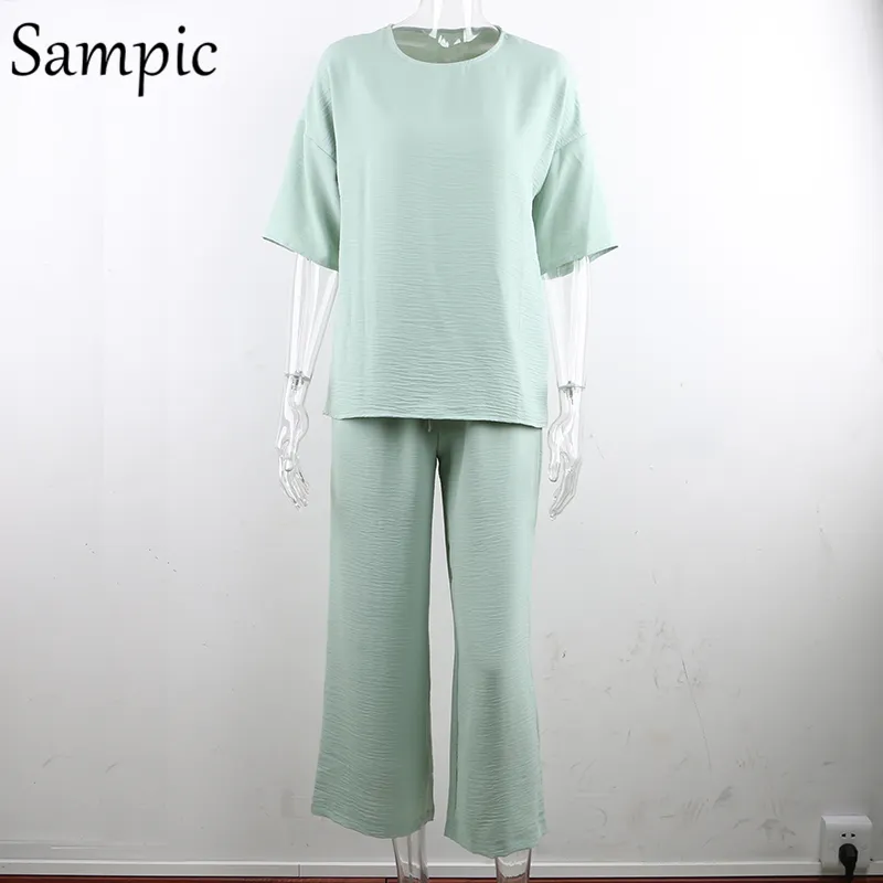 Sampic Sexy Fashion Khaki Kvinnor Sommar Casual Two Piece Set Kortärmad Toppar Skjorta och Loose Beach Pants Set Bottom Suit Outfit Y0506