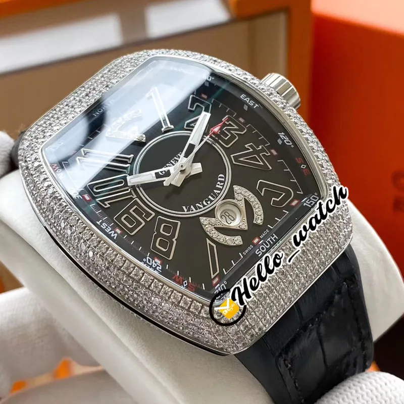New Vanguard Crazy Hours V45 Automatic Mens Watch Diamond Bezel Black Dial Número 3D Marcadores Caixa de aço Couro Borracha Relógios Hel271s