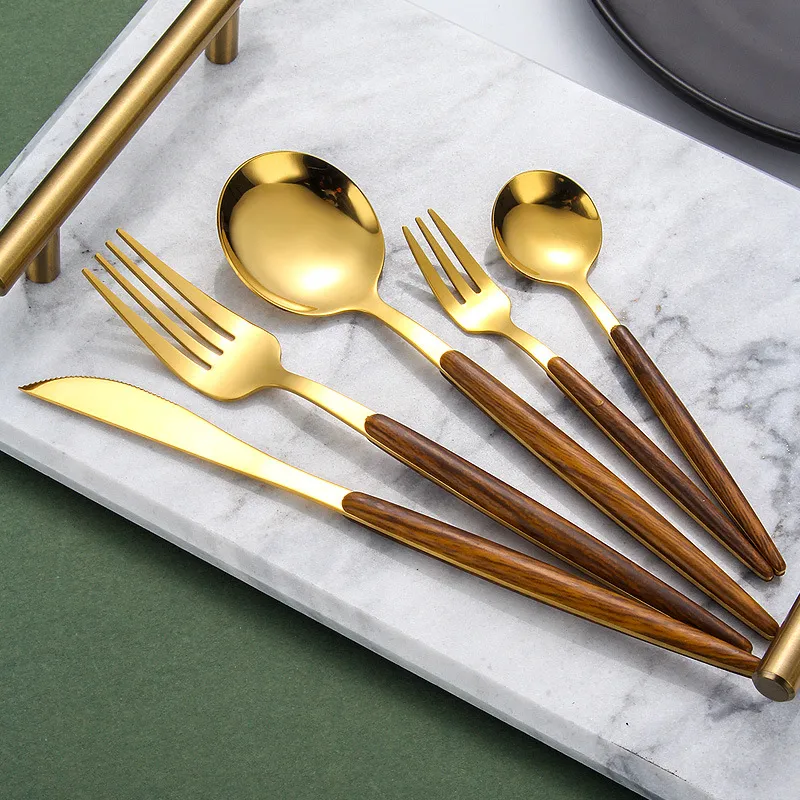 Visual Touch Luxury Silverware Wooden Handle Gold Silver Dinner Flatware Set Dessert Spoon Fork Knife Sets for Home Commercial319u