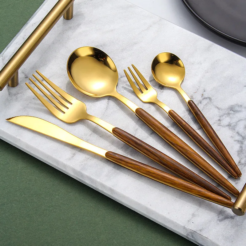 Visual Touch Posate di lusso Manico in legno Set di posate cena in argento dorato Set di coltelli forchetta cucchiaio da dessert la casa commerciale234m