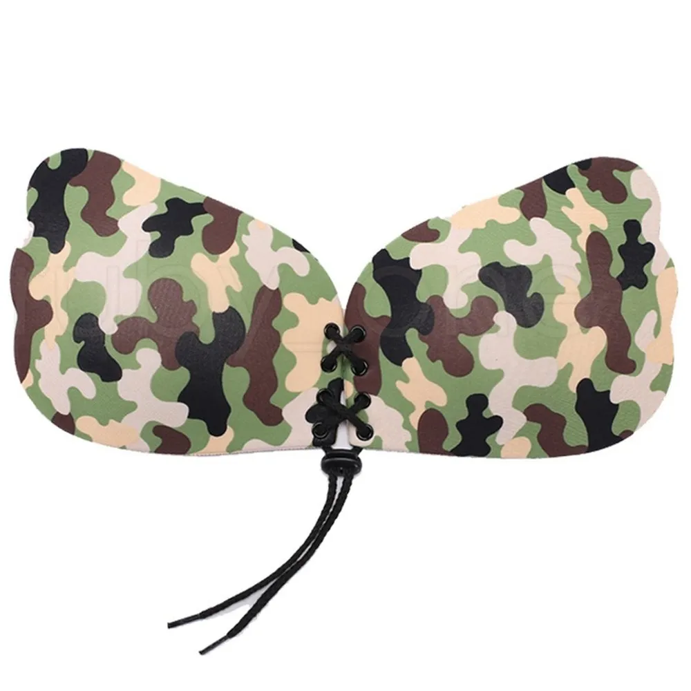 Dhl femmes camouflage couleur mouche ailes de forme silicone invisible push up auto-adhésif fermeture frontale fermeture poitrine poitrine invisible soutien-gorge invisible