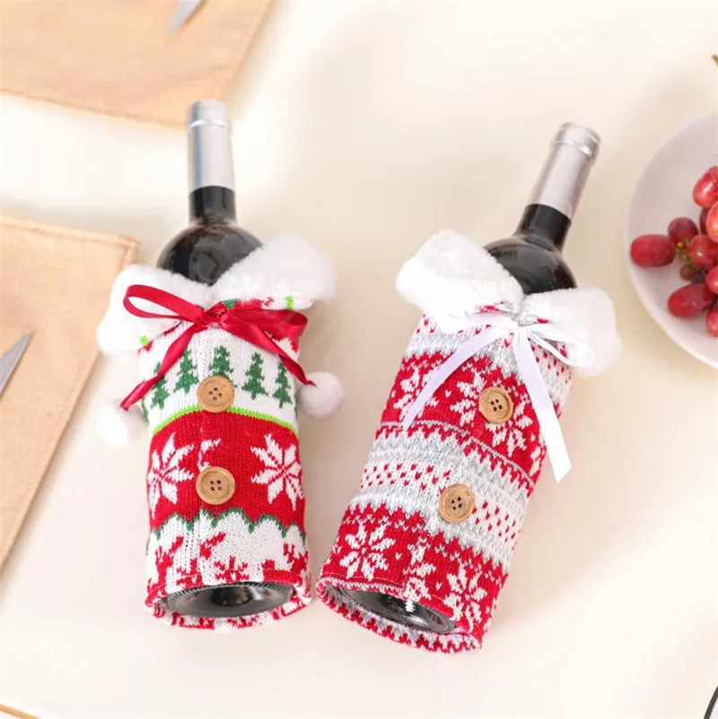 Couverture de vin de noël avec nœud flocon de neige tricot bouteille vêtements couverture de bouteille de vin sac de vin de noël décoration d'ornement de noël da922