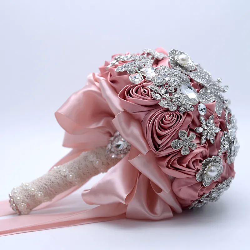 Dekorative Blumen Kränze Silber Brosche Blumenstrauß Hochwertige maßgeschneiderte Hochzeits-Brautsträuße Erröten Rosa Satinrosen Strass Flowe1831