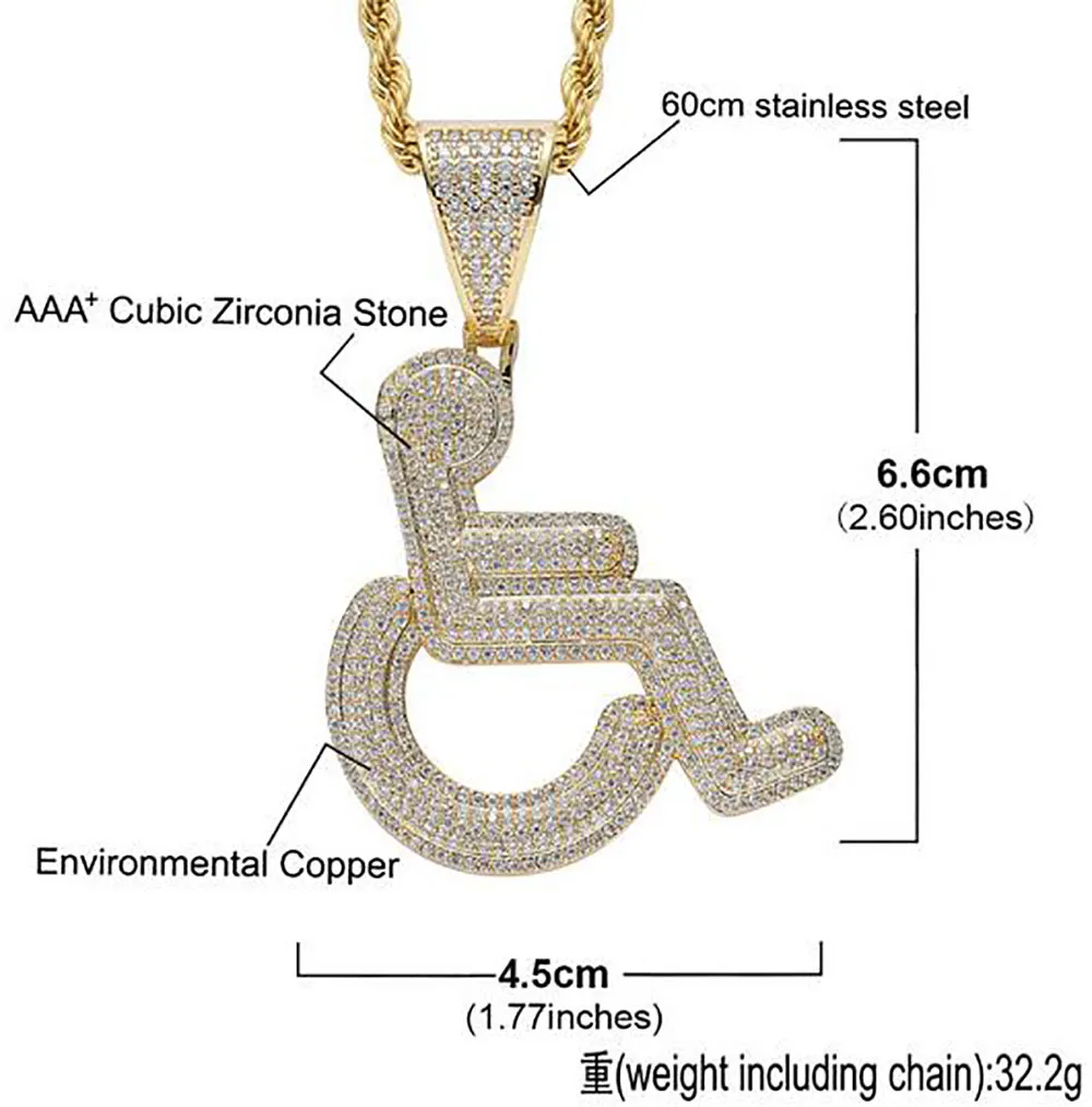 Pendentif avec Logo de fauteuil roulant glacé en or 14 carats, signe de handicap, collier en cuivre et Zircon cubique, bijoux pour hommes et femmes, cadeaux 205k