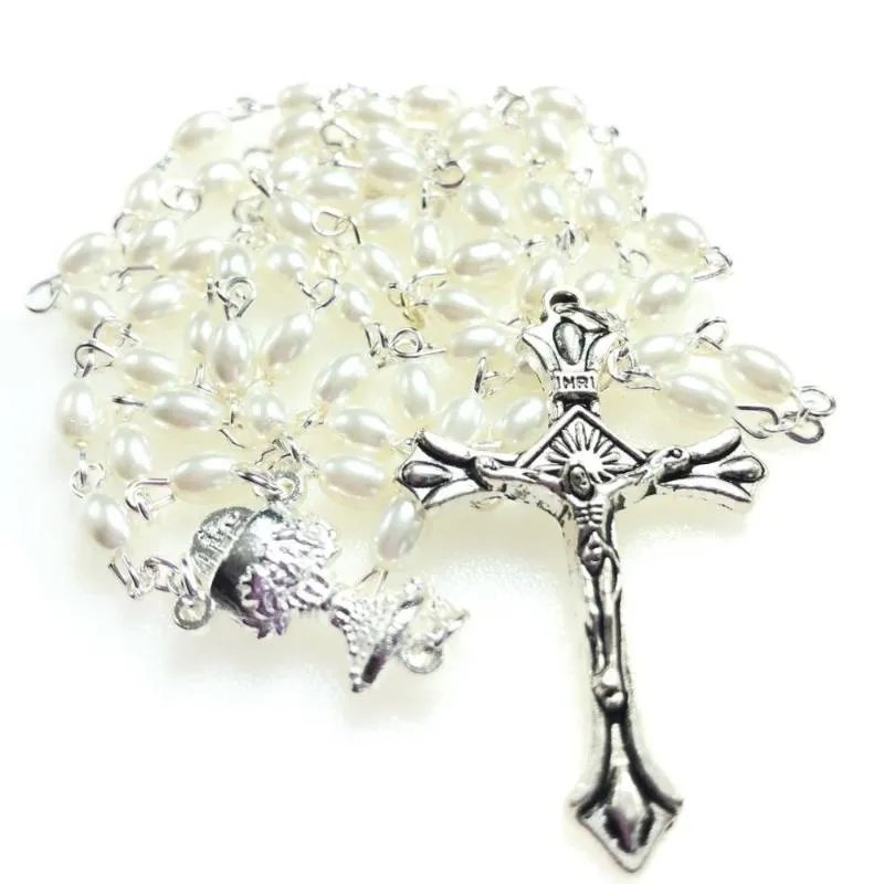 Colliers pendants Set blanc 6 4 mm en verre Pierre Rosaire Perle ovale catholique Rosario Coule de perle mignon