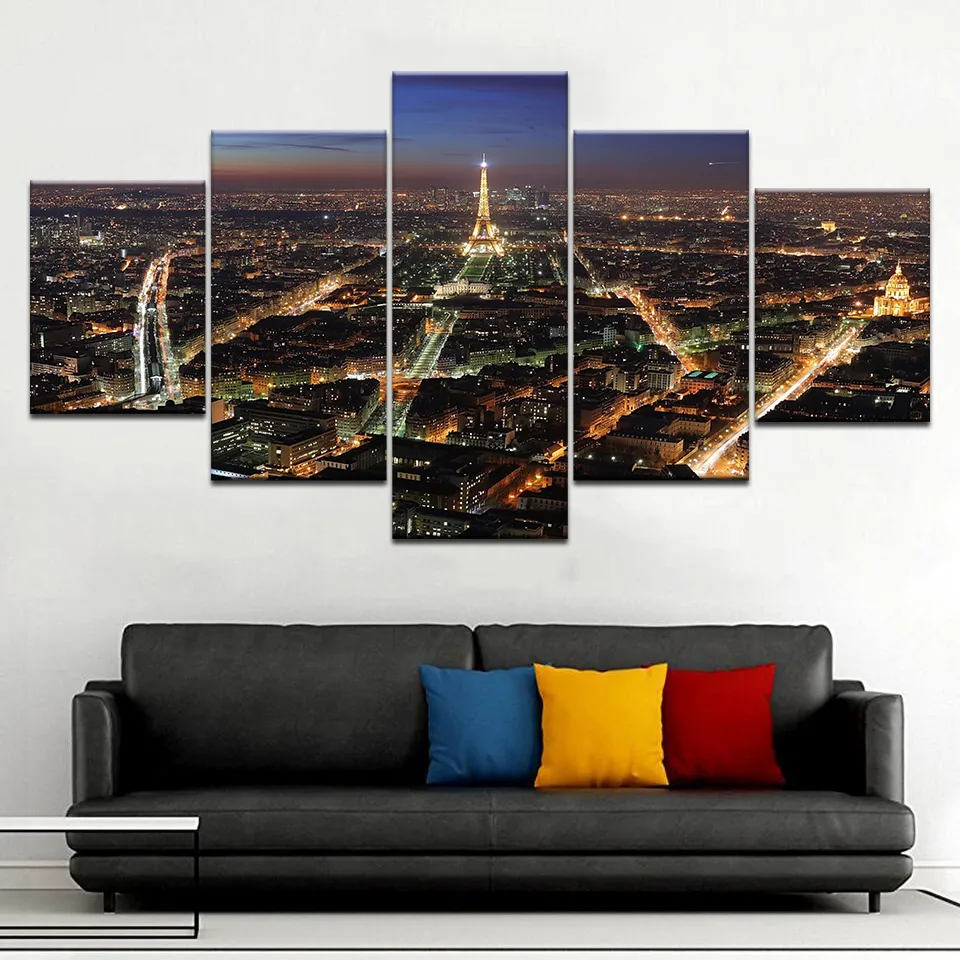 Dekor hem canvas konst modern hd 5 panel paris torn byggnad natt scen modular affischer tableau vägg bilder målningar7783343