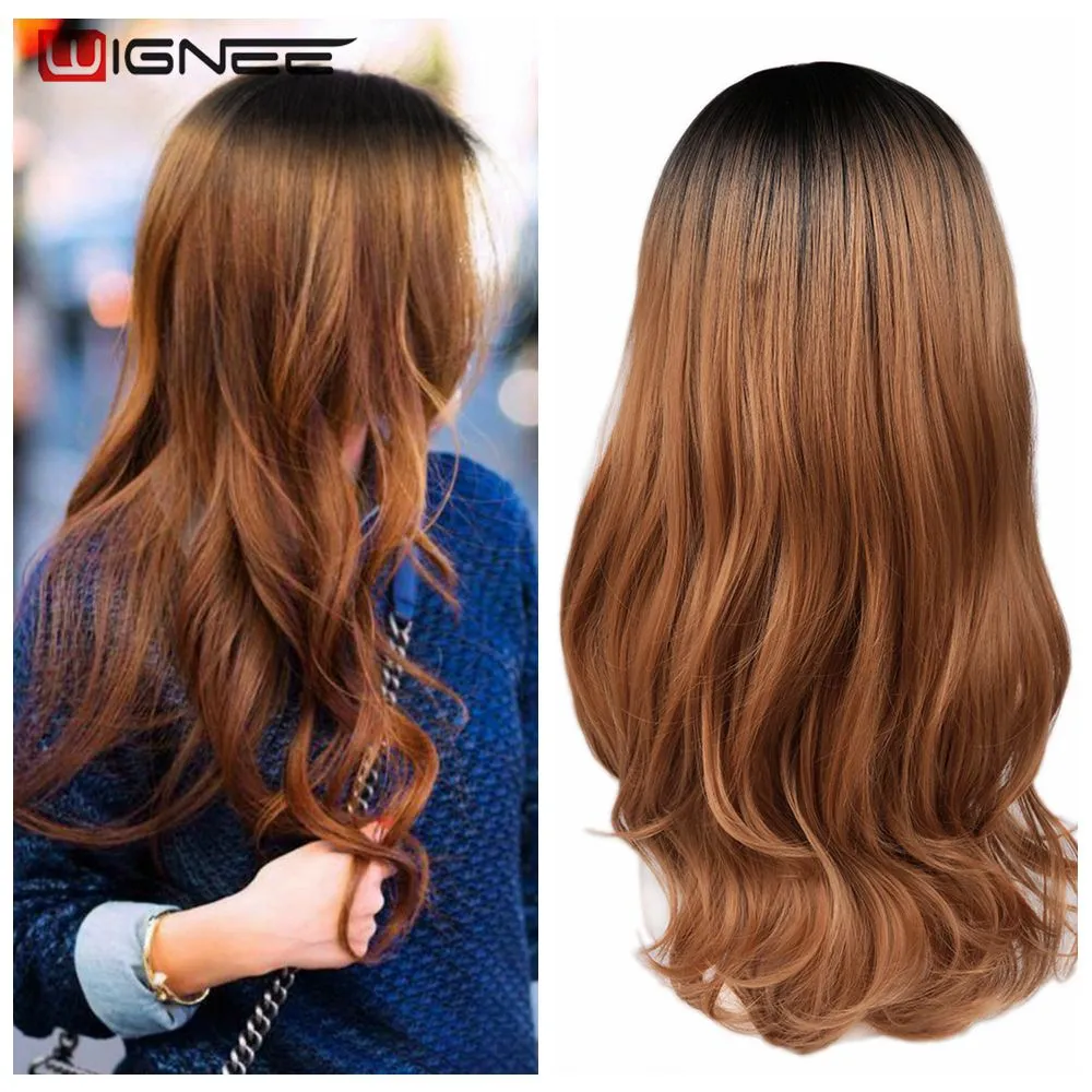 Wignee Long 2 Tone Ombre Brown Ash Белокурая температура Синтетические парики для черно-белых Женщин Безлистые волнистые ежедневные / Косплей Парик волос