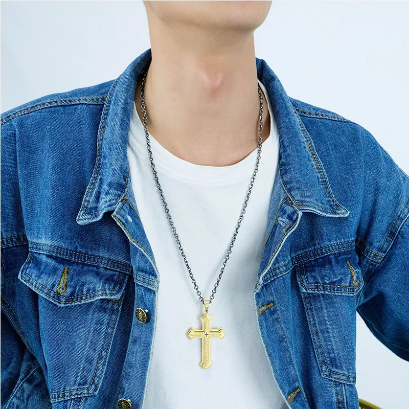 Collier Vintage Double Hip Hop croix pour hommes, pendentif de haute qualité, chaîne O dorée, en acier titane, bijoux 290D