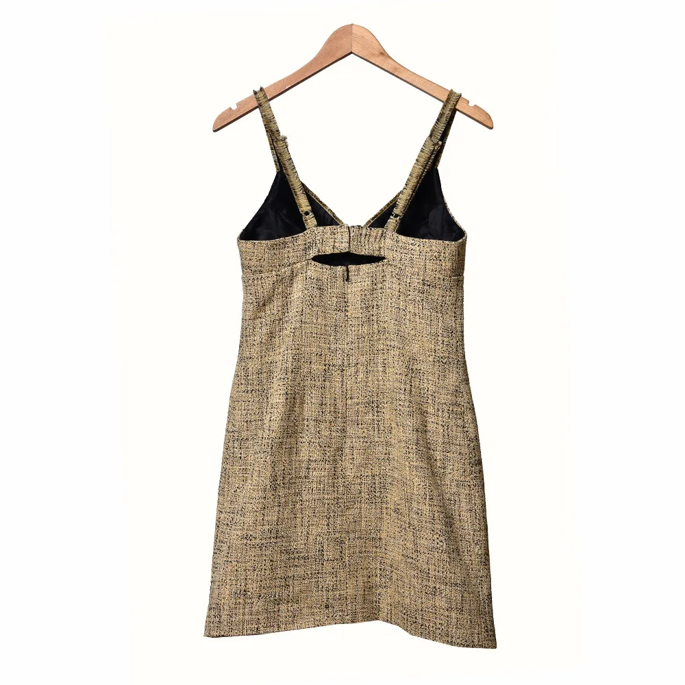 2020 Primavera Verano correa de espagueti cuello en V color caqui contraste Tweed cinta con paneles Mini vestido corto mujeres vestidos de moda W1815065