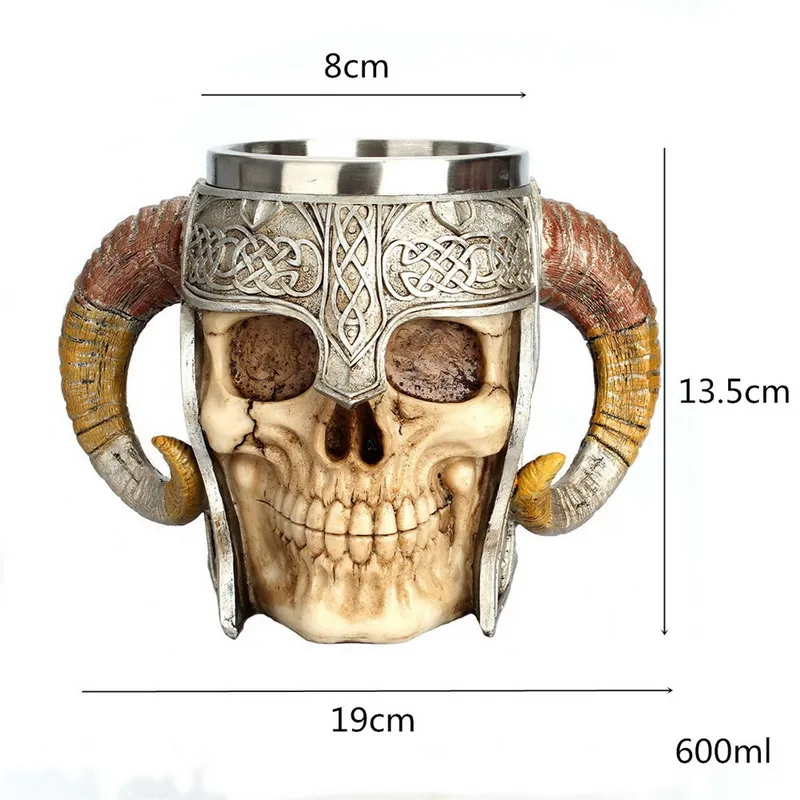 Retro Horn Skull Resin Bière à bière en acier inoxydable Skull Knight Halloween Coffee Cup Viking Thé Mug Pub Bar Decoration8213136