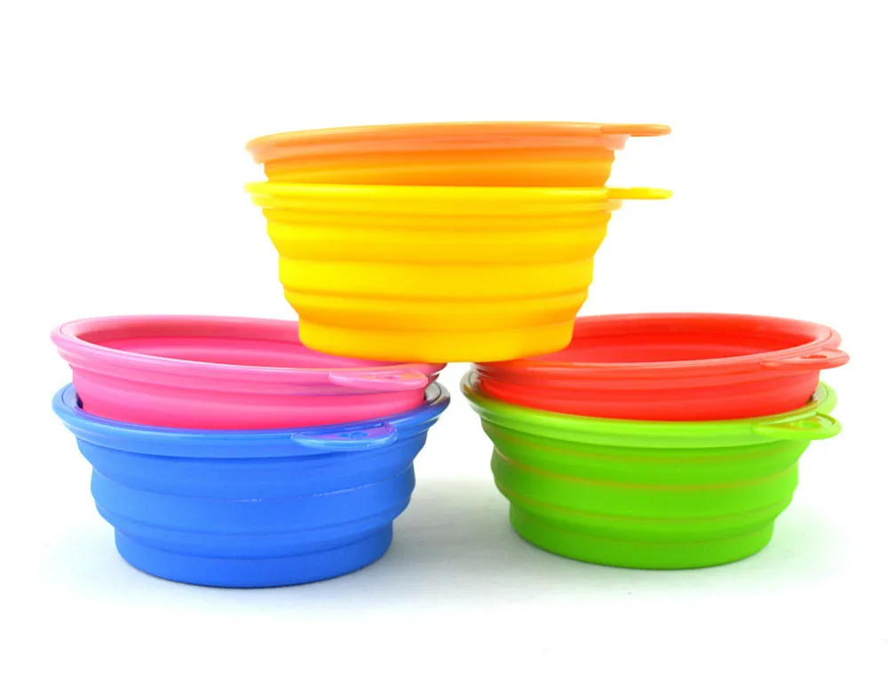 Wholesale silicone foldable pet cat dog bowl folding collapsible puppy doggy feeder water food container custom logo