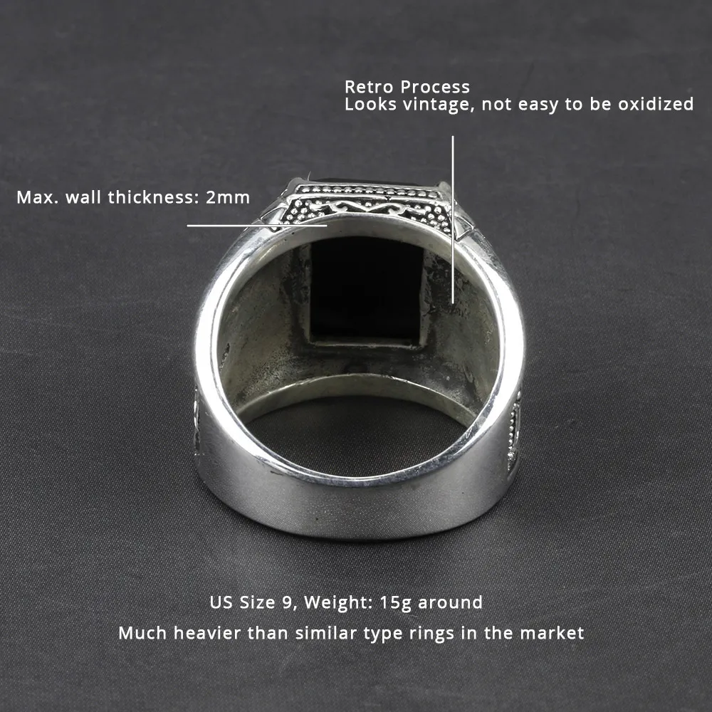 Real Pure 925 Sterling Silver Mens Rings With Black Onyx Natural Stone Rings Retro Flower Engraved Punk Rock Vintage Jewelry 210312