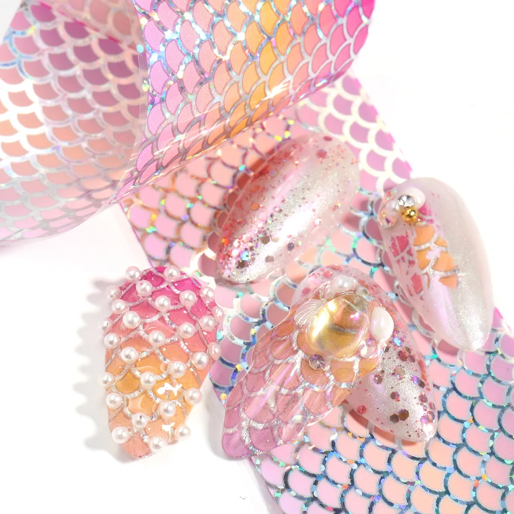 Paquete de 10 pegatinas de papel de aluminio para uñas, juego de escamas de pez sirena, adhesivo holográfico para decoración de uñas, deslizadores dorados, decoración de manicura CH9116188752