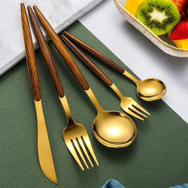 Visual Touch Posate di lusso Manico in legno Set di posate cena in argento dorato Set di coltelli forchetta cucchiaio da dessert la casa commerciale234m